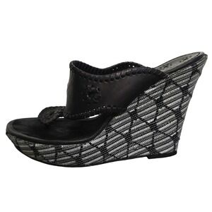 Jack Rogers Black Leather Whipstitch Woven Wedge Platform Sandals 8.5M